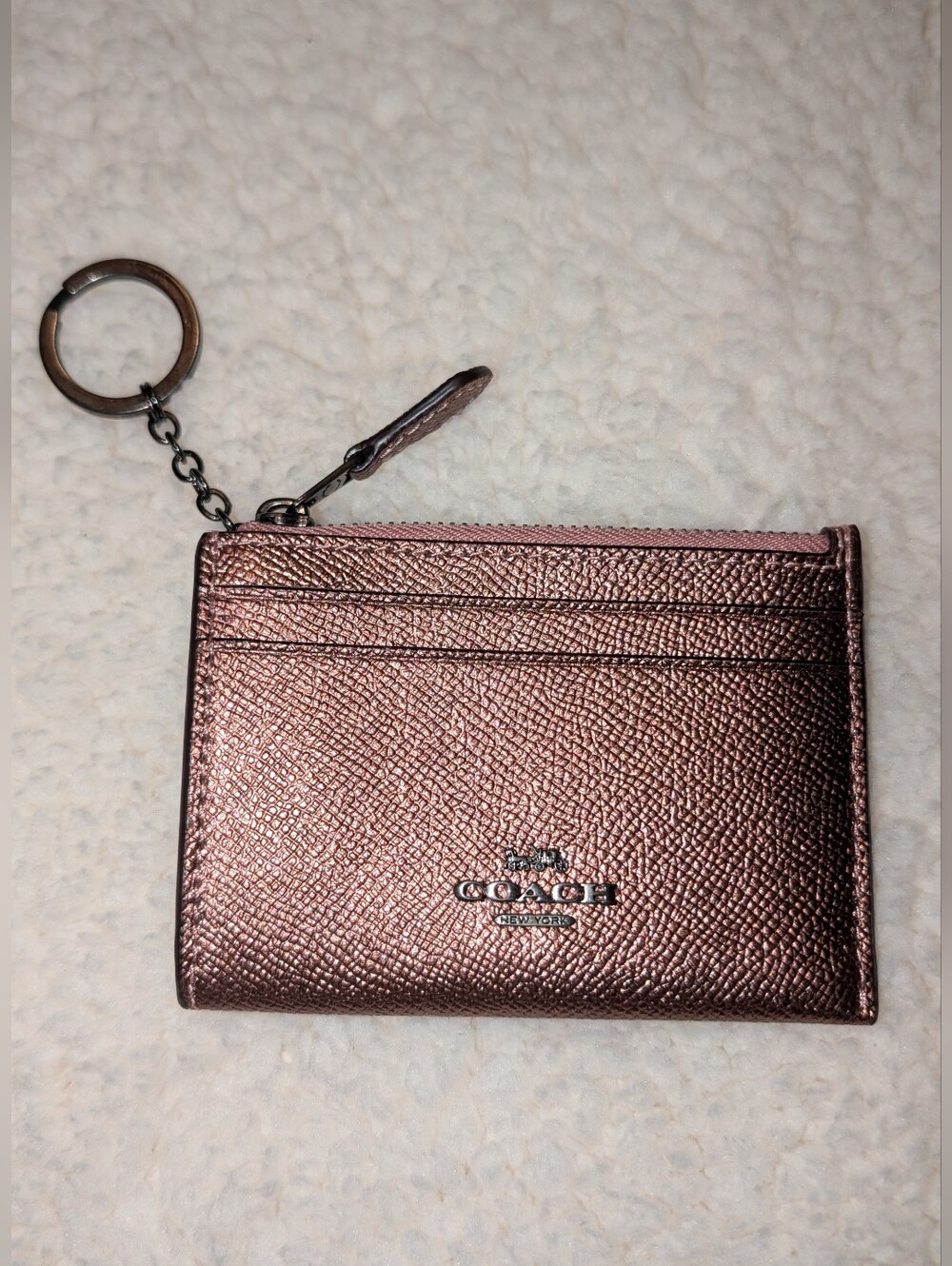 COACH Metallic Leather Card Case Keychain Rose Gold EUC